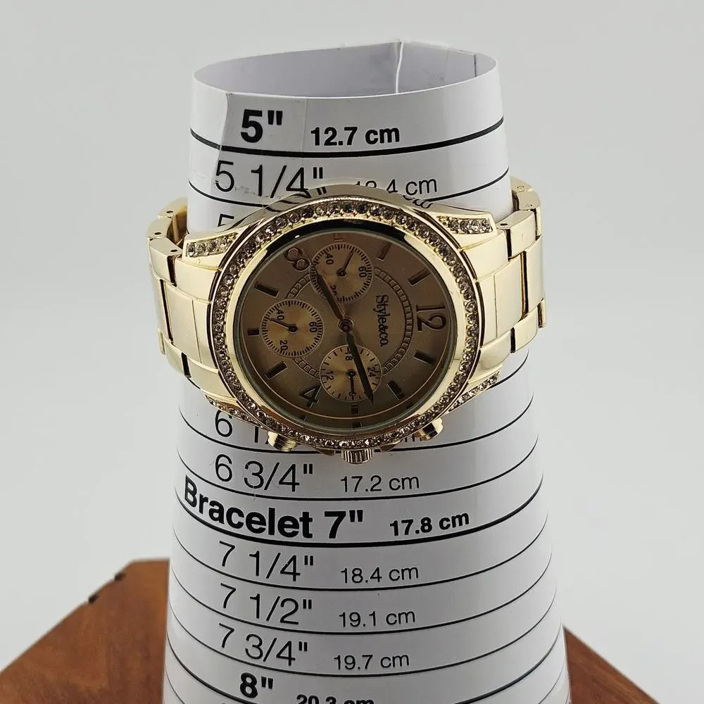 Style & Co Women's Gold Tone Multi Dial Wrist Watch Crystal Bezel Glitz Elevated